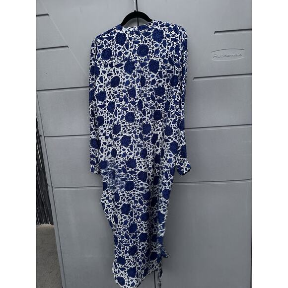 Natalie Martin Indigo Floral Hand-Dyed 100% Silk Kaftan Dress Sz L Double Slit - Picture 9 of 11